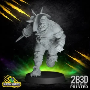 A 32mm scale high-detail resin miniature of an Ogere Star Player, sculpted by BruteFun Miniatures and printed by 2B3D, featuring a hulking muscular build and heavy sports padding.