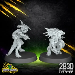 A 32mm high-detail resin miniature of the Star Player Skink, sculpted by BruteFun Miniatures and printed by 2B3D, featuring a dynamic leaping pose and feathered headdress.