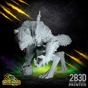 Resin miniature of the Werewolf Star Player Variation 1, sculpted by BruteFun and printed by 2B3D, showcasing a dynamic lunging pose and textured fur.