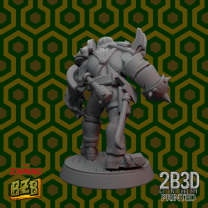 3D printed Ork Torrance Armored miniature without back weapon, mounted on scenic base.