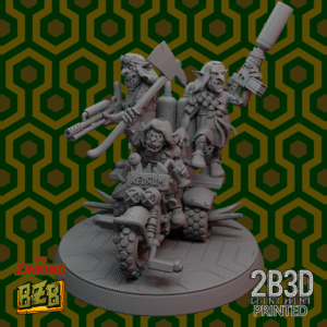 3D printed Trio Overlook miniature with Danny on trike and twin goblins, mounted on scenic base.