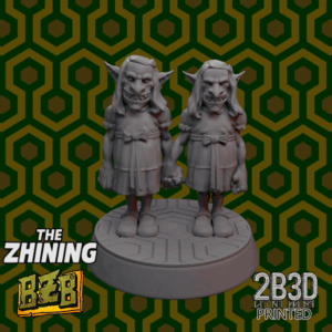 Animated 360° turntable view of The Twins miniature, two creepy goblin sisters in matching dresses from The Zhining Collection.
