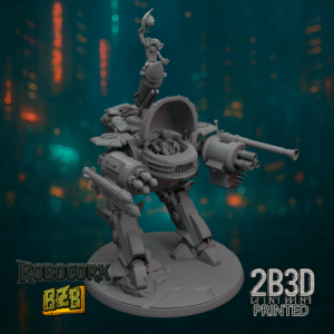 3D printed Bad Robot miniature with goblin pilots and rockets, mounted on scenic base.