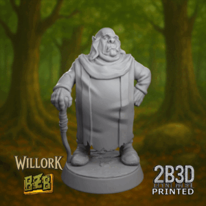 Animated 360° turntable view of Buglekork miniature, grumpy ork boss holding staff.