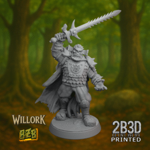 3D printed Kael miniature with sword raised, mounted on scenic base.