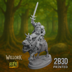 3D printed Kael on Boar miniature on scenic base.