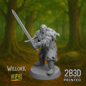 3D printed Mork Mordigon miniature with dual blades, mounted on scenic base.