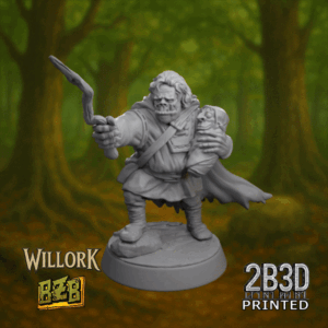 Animated 360° turntable view of the Willork miniature, orky wizard holding wand and gobbo-baby.