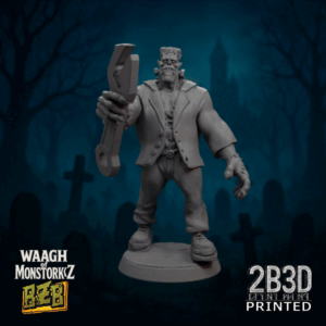 Animated 360° turntable view of Frorkenstein miniature, stitched orky monster with bolts and scars.