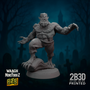 3D printed Wolfork miniature on scenic base under the full moon.