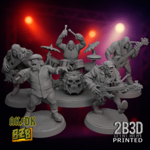 3D printed Zkiggoth miniature with mounted stage and full AK/DK band on scenic base.