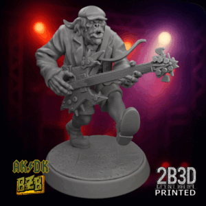 Animated 360° turntable view of Anguz miniature, wild ork guitarist charging with his instrument raised.