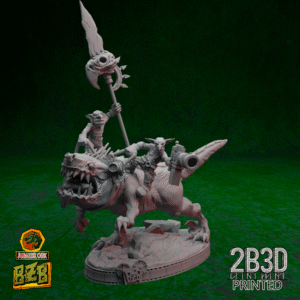 3D printed Boss Squigoraptor miniature with both goblin riders, one armed with spear and the other with gun, mounted on scenic base.