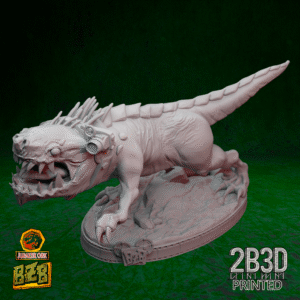 3D printed Boss Squigoraptor miniature alone on scenic base, without goblin riders.