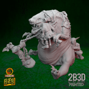 3D printed Fatta Squigoraptor miniature with goblins pushing and one being eaten, no base version.