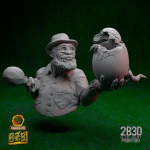 3D printed bust of Hammork, the ork mastermind of the biggest dino Waaagh, holding a baby raptor egg with an orky grin.