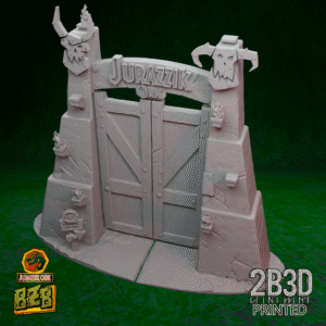 3D printed Jurazzik Ork Gates terrain piece with base, frontal view version.