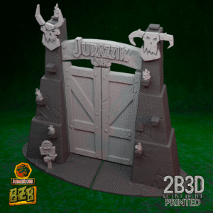 3D printed Jurazzik Ork Gates terrain piece with plain base, side view.