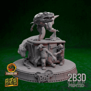 Animated 360° turntable view of the Kitchen Scene miniature featuring goblin kids hiding from hungry raptors.
