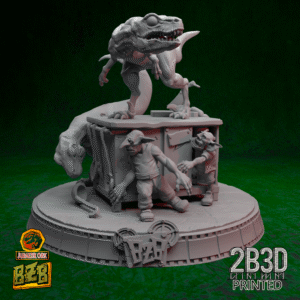3D printed Kitchen Scene miniature with goblin kids and raptors on scenic base.