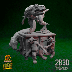 3D printed Kitchen Scene miniature without base, goblin kids and raptors for custom terrain setups.