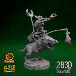 3D printed Lazy Squigoraptor miniature with optional platform, goblin rider and bait pole, orky creature waiting for snacks.