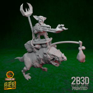 3D printed Lazy Squigoraptor miniature with goblin rider, platform and bait pole, no base version for custom setups.