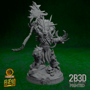 3D printed Ork Boss miniature on scenic base with axe raised.