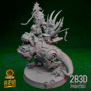 3D printed Squigosaurus 40K miniature with throne and ork boss, mounted on scenic base.