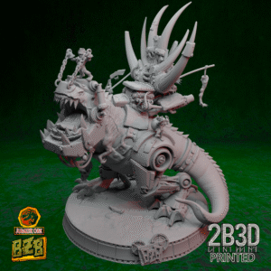 3D printed Squigosaurus 40K miniature with throne and goblin crew mounted on base.