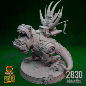 3D printed Squigosaurus 40K miniature with throne mounted on scenic base.