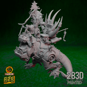 3D printed Squigosaurus 40K miniature with ork boss, goblin crew, and throne, no base version.