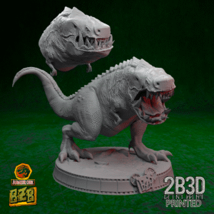 3D printed Squigosaurus Scene miniature with both open and closed mouth head options, on scenic base.