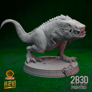 3D printed Squigosaurus Scene miniature with closed mouth head, mounted on scenic base.