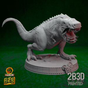 3D printed Squigosaurus Scene miniature with open mouth head, mounted on scenic base.