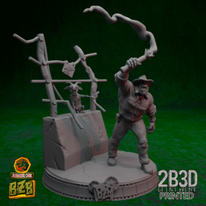 3D printed Torch Scene miniature on large scenic base with barrier and goat.