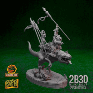 Animated 360° turntable view of the Zkinny Squigoraptor miniature with goblin riders and platform.