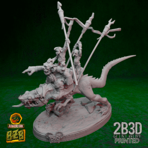 3D printed Zkinny Squigoraptor miniature with platform, goblin commander, pole, and snotlings on scenic base.