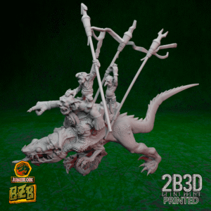 3D printed Zkinny Squigoraptor miniature with platform, goblin commander, pole, and snotlings, no base version.