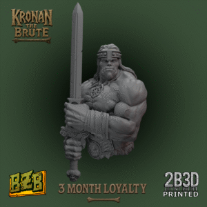 Static render of Kronan the Brute bust miniature, showing detailed orky barbarian face, armor, and sculpted texture.