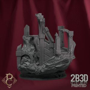 3D render of Radian Ascended scenic base featuring detailed ruins, designed by Parasite Collectibles and printed by 2B3D Printed.