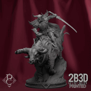 Animated 360° turntable of Pyrokles riding the Bull, designed by Parasite Collectibles and printed by 2B3D Printed.