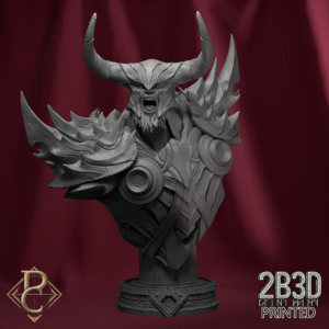 3D render of Pyrokles bust mounted on a base, designed by Parasite Collectibles and printed by 2B3D Printed.