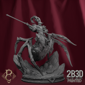 3D render of Riteris, Oathspear of Shadowhelm miniature on a standard base, designed by Parasite Collectibles and printed by 2B3D Printed.