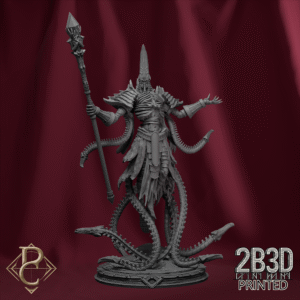 3D render of Amothep The Dark Pharaoh miniature mounted on a standard base, designed by Parasite Collectibles and printed by 2B3D Printed.