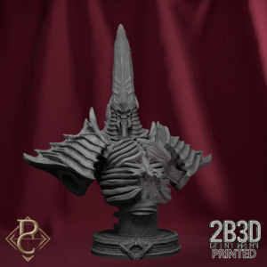3D render of Amothep The Dark Pharaoh bust mounted on base, designed by Parasite Collectibles and printed by 2B3D Printed.