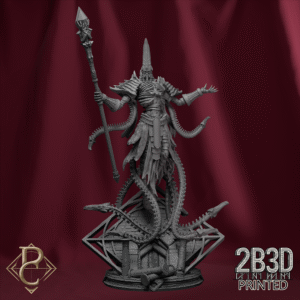 3D render of Amothep The Dark Pharaoh miniature on a scenic base, designed by Parasite Collectibles and printed by 2B3D Printed.