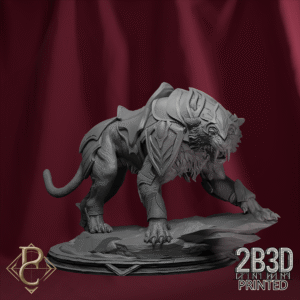 3D render of Stellar Tiger miniature mounted on a base, designed by Parasite Collectibles and printed by 2B3D Printed.