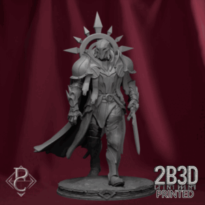 Turntable render of Thakron full miniature showing detailed armor and dynamic pose, designed by Parasite Collectibles and printed by 2B3D Printed.