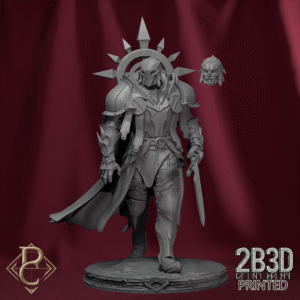 Render showing Thakron miniature with all head variants on base, created by Parasite Collectibles and printed by 2B3D Printed.